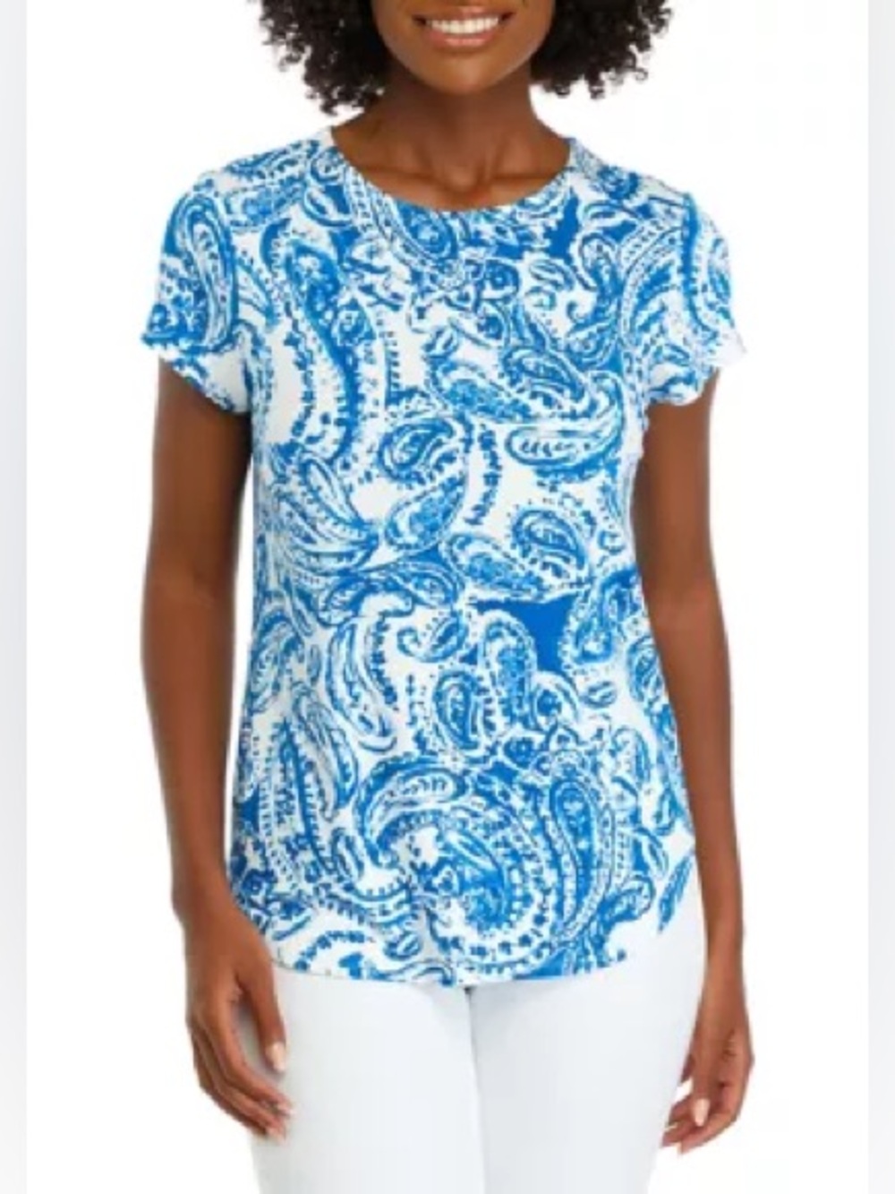 Cupio Blue and Cream Paisley Short Sleeve Top